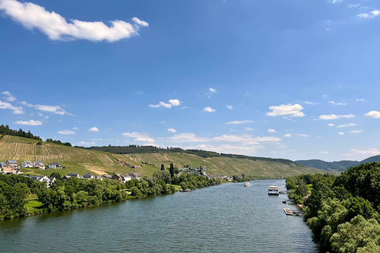 The mosel valley from a bridge with Lieser and vineyards.