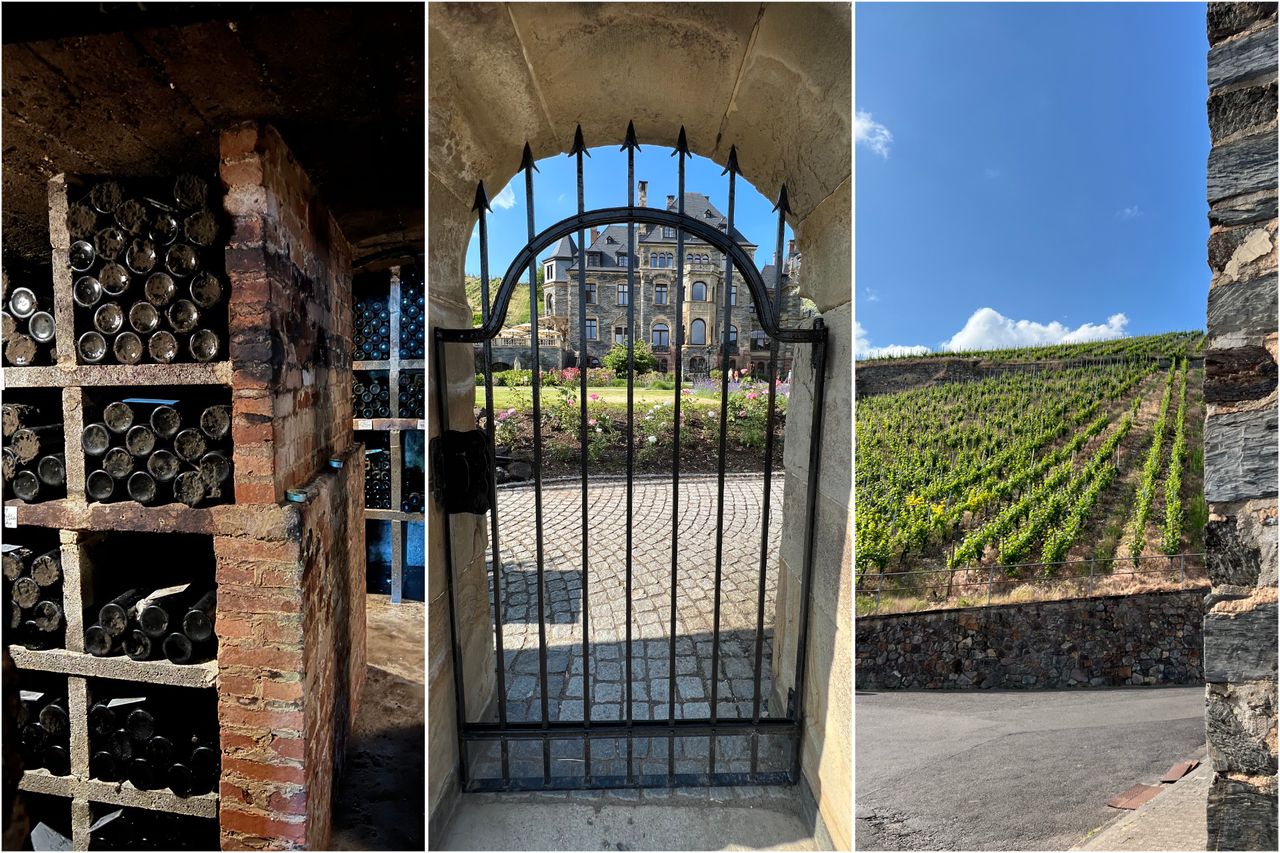 A collage of a wine cellar with bottles, Schloss Lieser and Mosel slate vineyards.